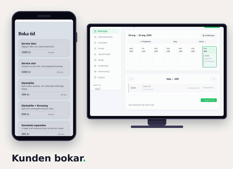 Bokningsflöde för bilverkstad: kunden bokar service och däckskifte på hemsidan