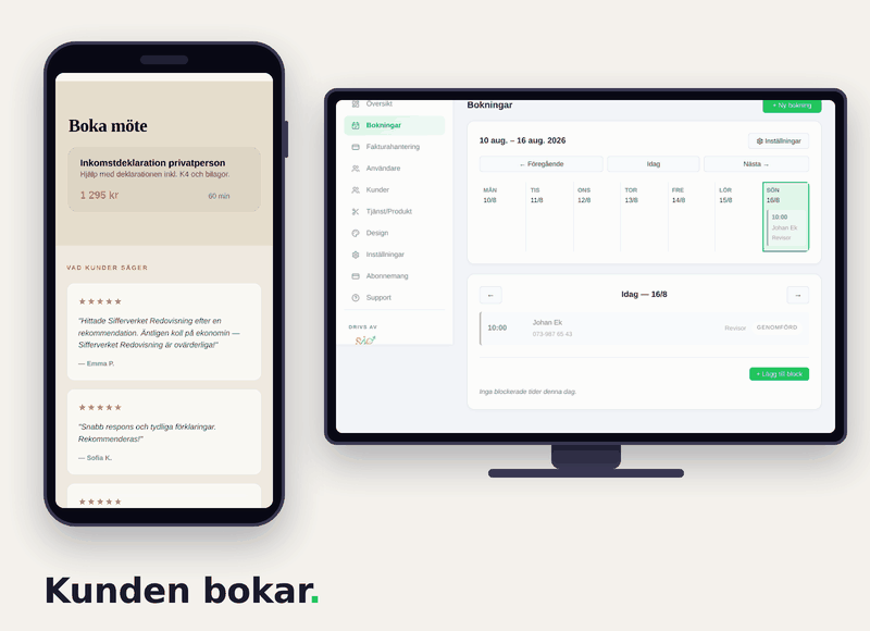 Bokningsflöde för ekonomikonsult: kunden bokar hjälp med deklarationen på hemsidan