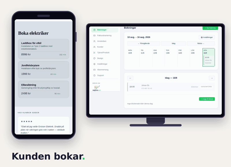Bokningsflöde för elektriker: kunden bokar elbesiktning på hemsidan