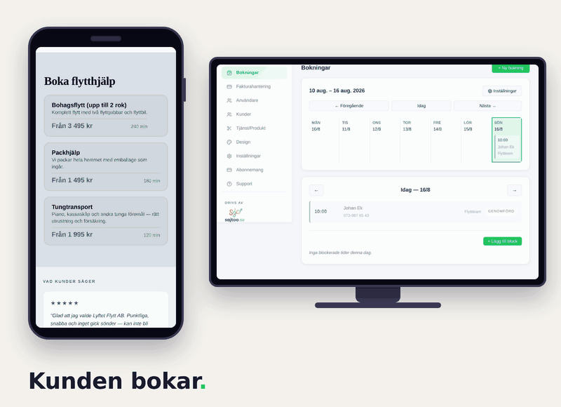 Bokningsflöde för flyttfirma: kunden bokar bohagsflytt på hemsidan
