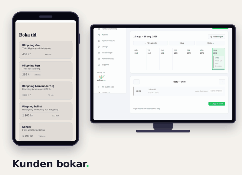 Bokningsflöde för frisör: kunden bokar klippning och väljer frisör på hemsidan