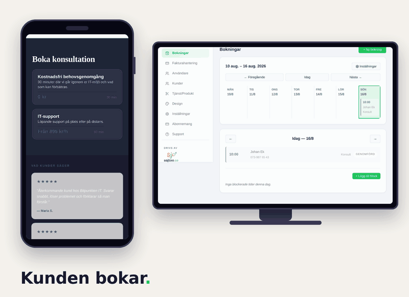 Bokningsflöde för IT-konsult: kunden bokar kostnadsfri behovsgenomgång på hemsidan