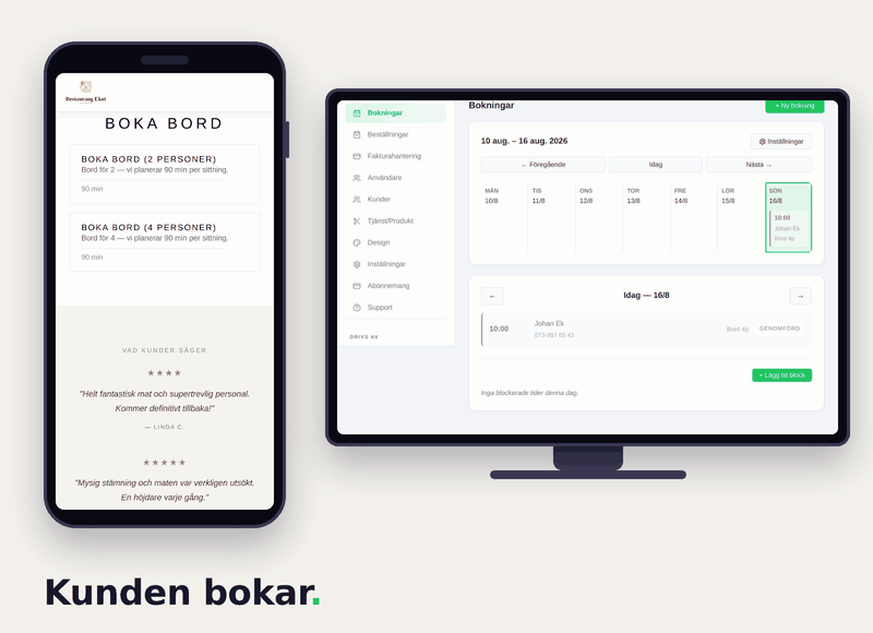 Bokningsflöde för restaurang: gästen bokar bord på hemsidan