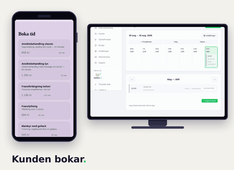 Bokningsflöde för skönhetssalong: kunden bokar ansiktsbehandling på hemsidan