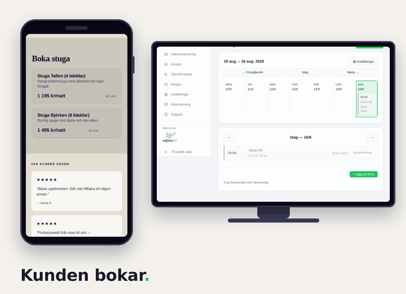 Bokningsflöde för stuguthyrning: gästen bokar stuga på hemsidan