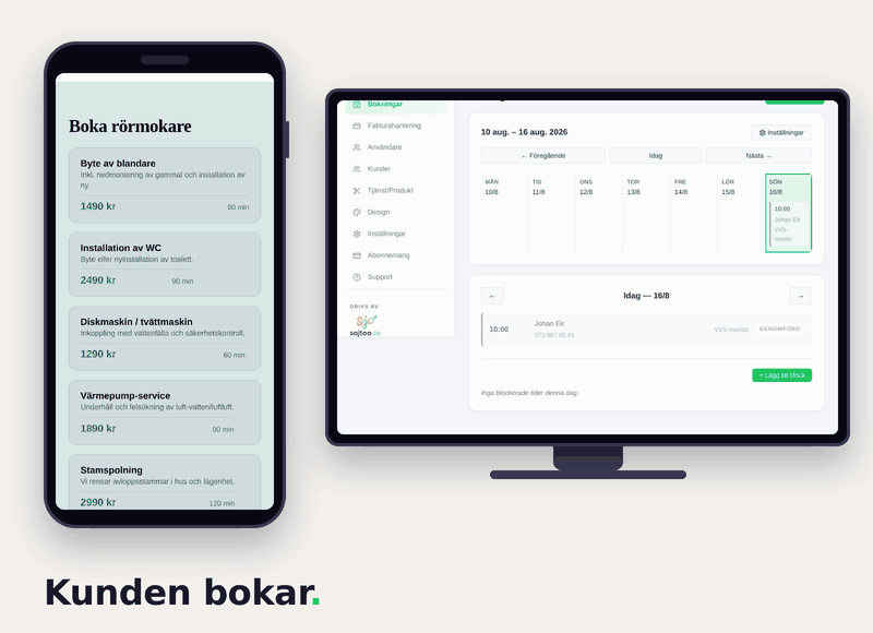 Bokningsflöde för VVS-firma: kunden bokar blandarbyte på hemsidan