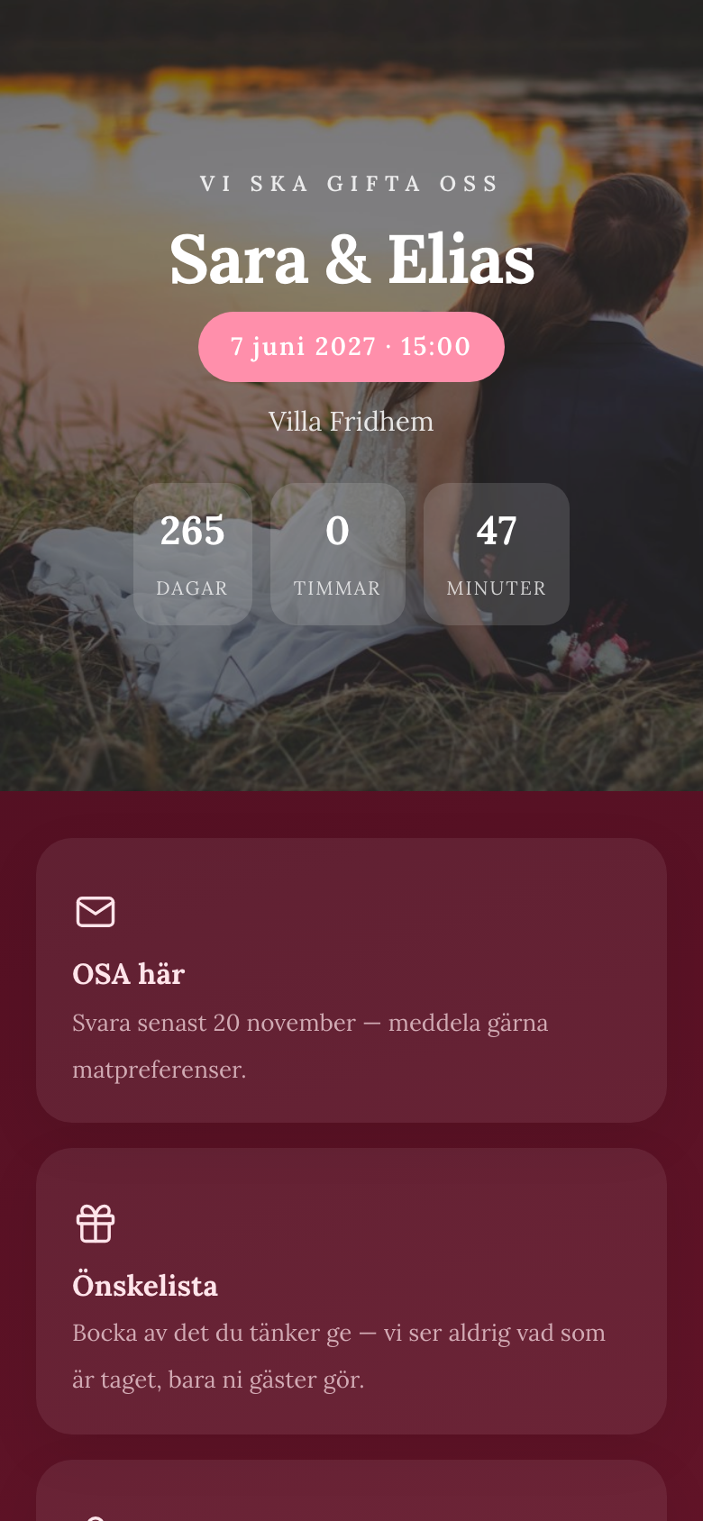Bröllopssida, mörkt tema