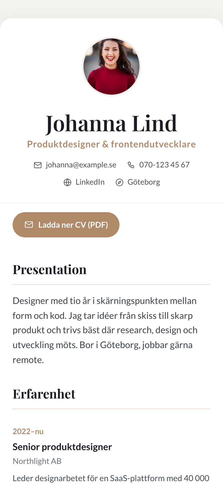 CV-sida med presentation, erfarenhet och kompetenser