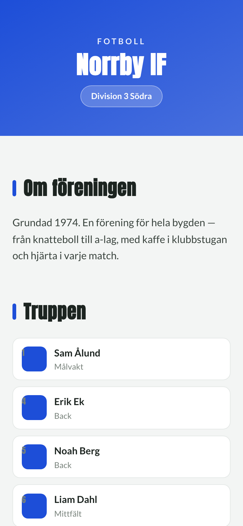 Föreningssida med trupp och matcher