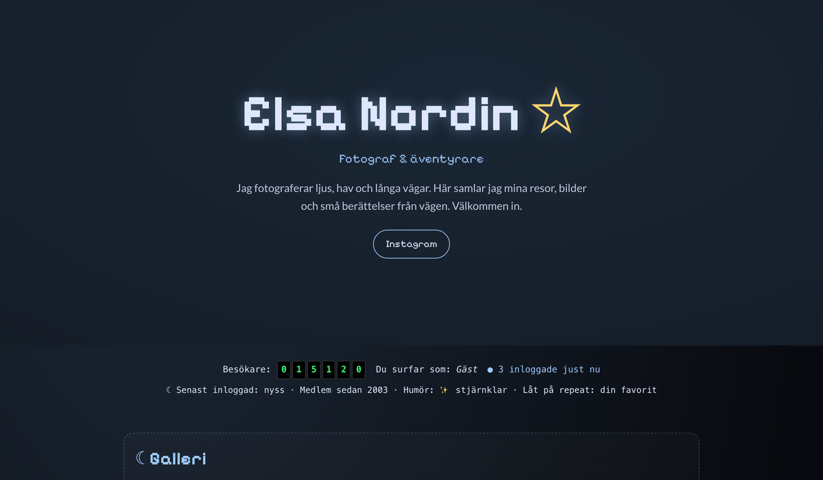 Samma sida i retrotemat Lunarstorm — mörkt med pixelfont