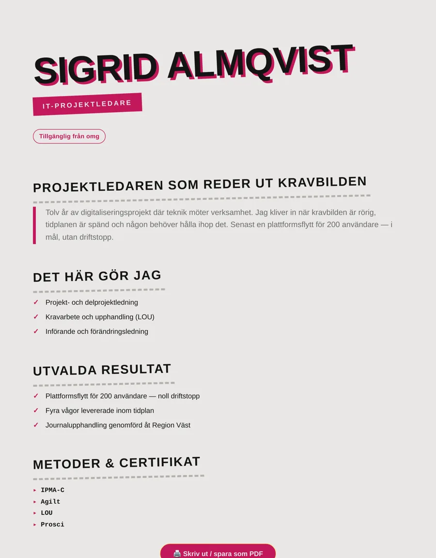Konsultprofilen som egen flik med erbjudande, resultat och metoder
