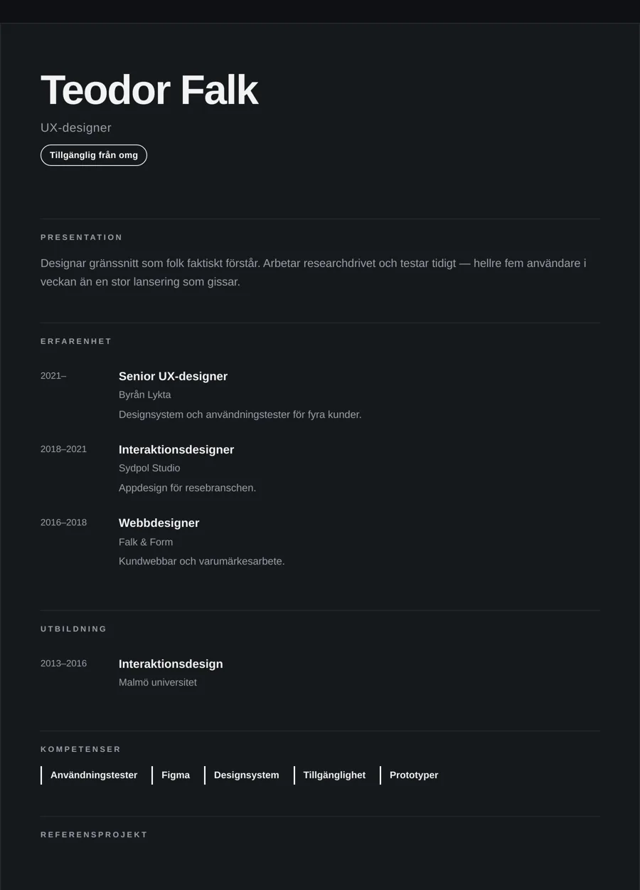CV-layouten Modern i mörk stil