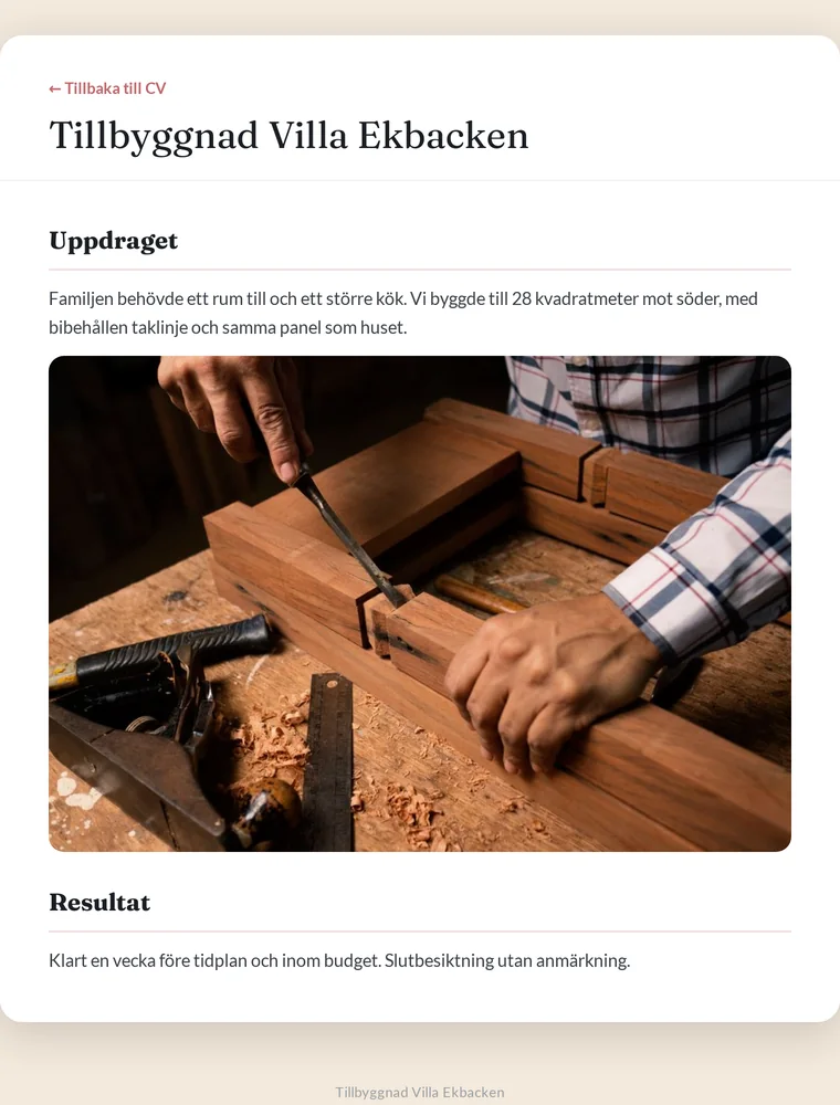Projektsida för en tillbyggnad, med foto och text