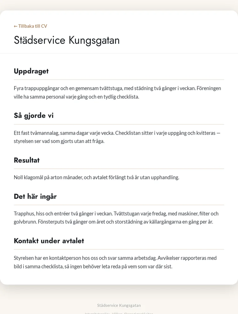 Projektsida för ett städuppdrag, helt i text