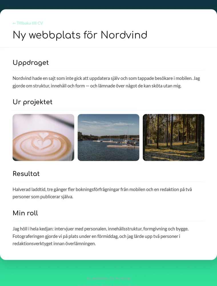 Projektsida för en webbplats, med galleri ur projektet